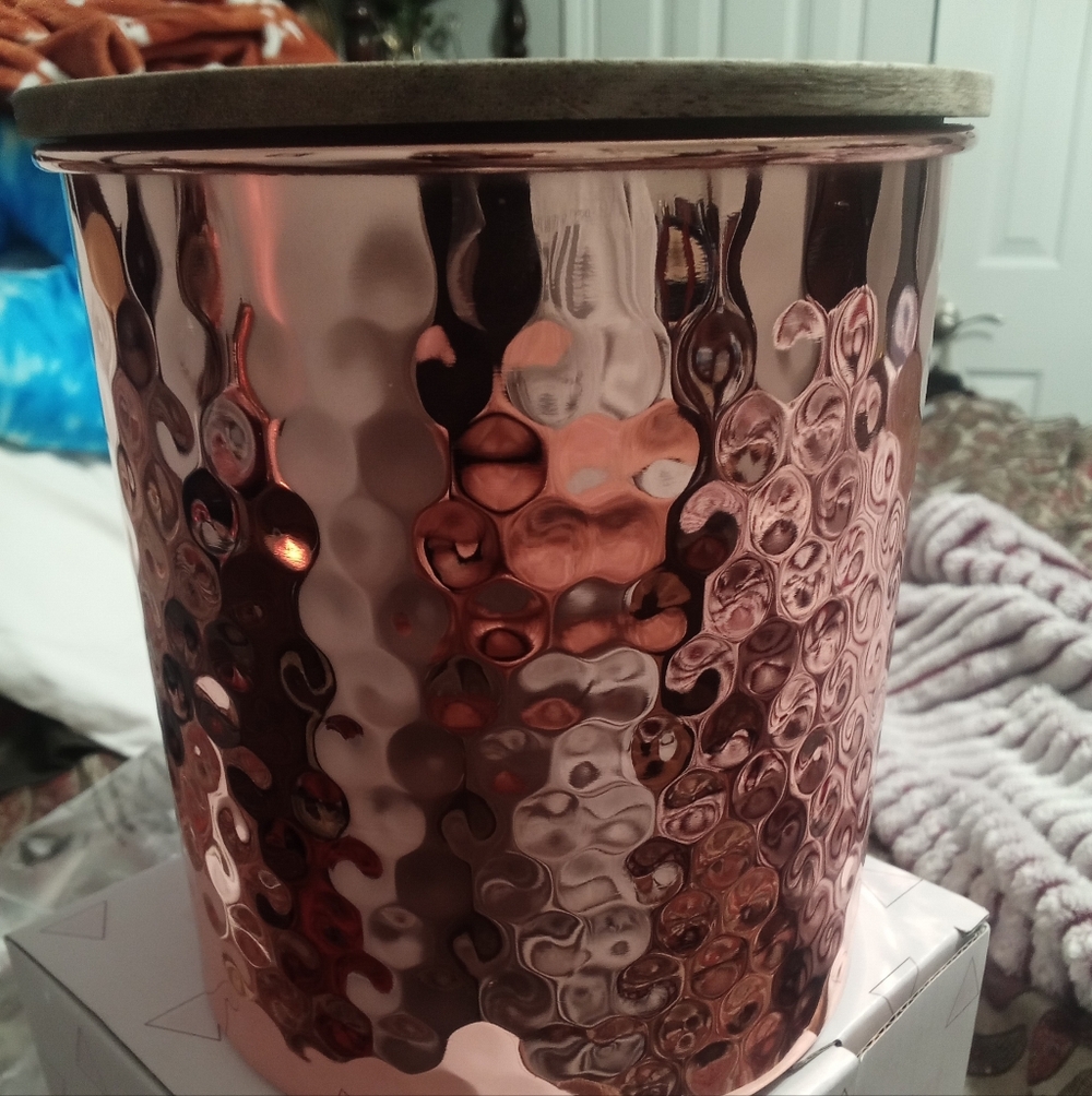 Set Of 2 Hammered Copper Accent Tins Wooden Lids